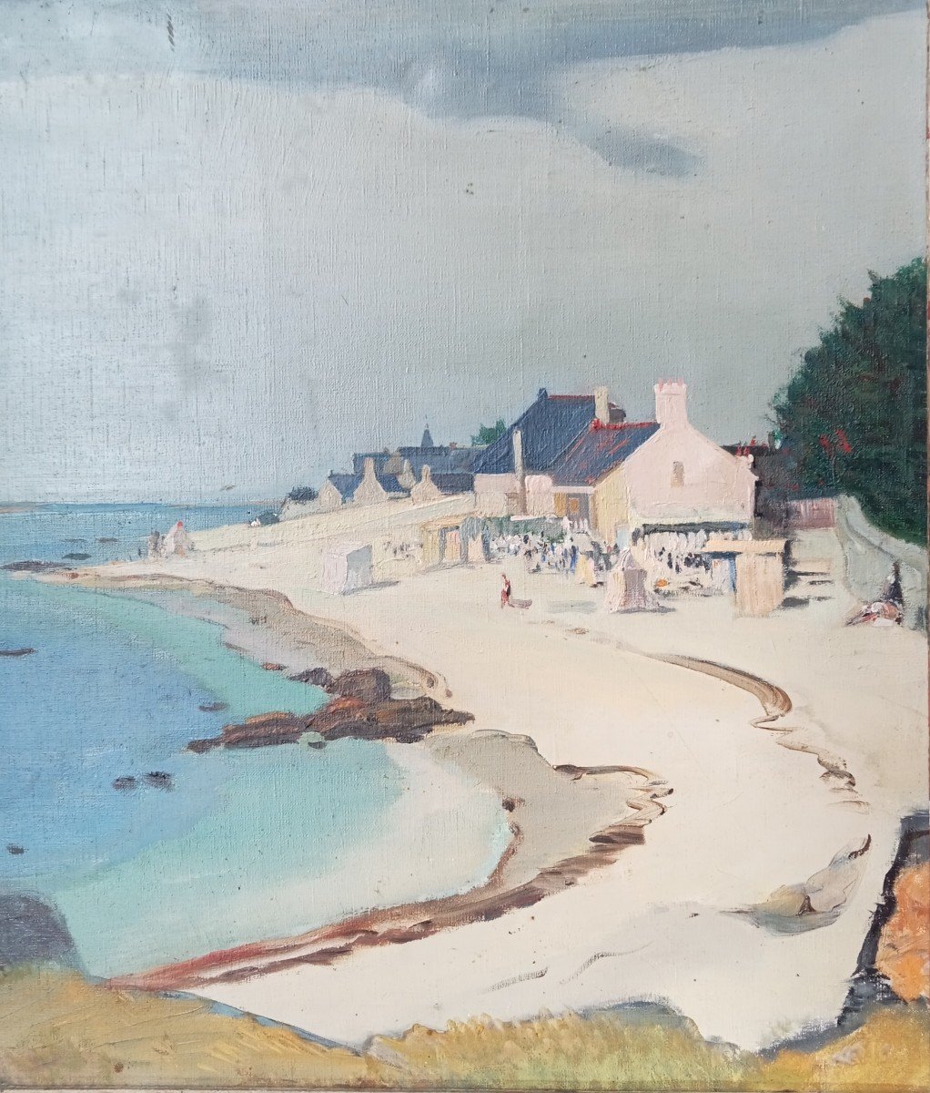 Plage à Douarnenez, Huile Sur Toile Signée Joseph Bolegard ( 1889-1963), Salon De 1936 -photo-2