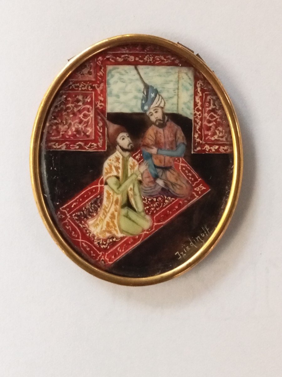 Peinture Miniature Signée Prince Iziedinoff, Scène De La Cour Perse, école Russe, 20e Siecle