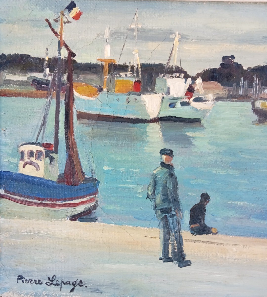 Port De Concarneau, Huile Sur Toile Signée Pierre Lepage (1906-1983), Milieu Du XXe Siècle -photo-2