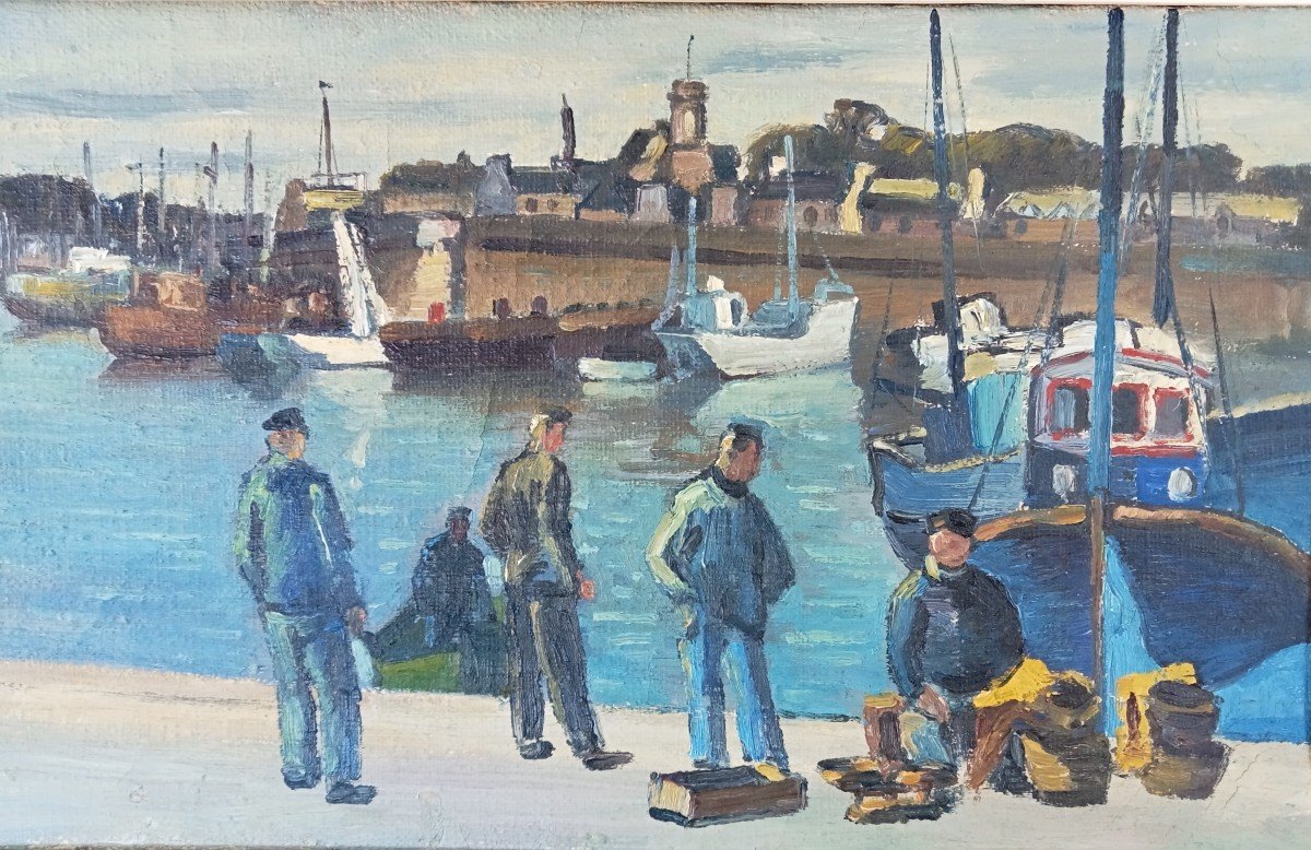 Port De Concarneau, Huile Sur Toile Signée Pierre Lepage (1906-1983), Milieu Du XXe Siècle -photo-3