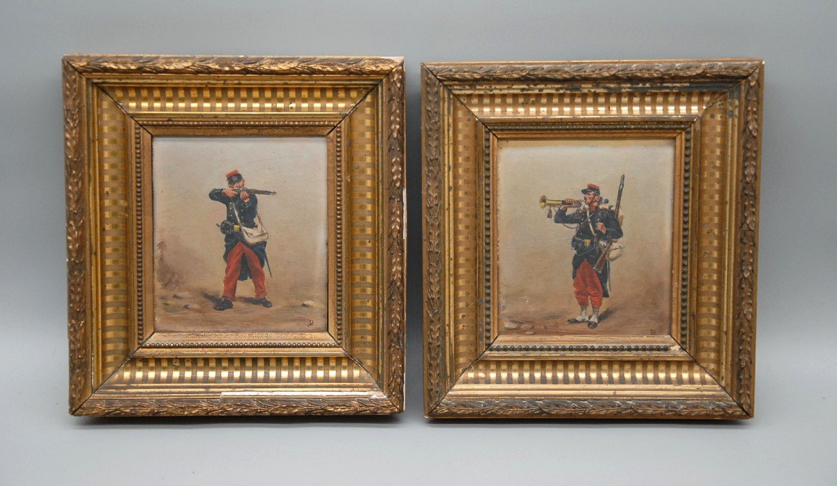 Paire De Tableaux, Huiles Sur Bois, Soldats Militaire Français, Infanterie, Guerre 1870-1871, 