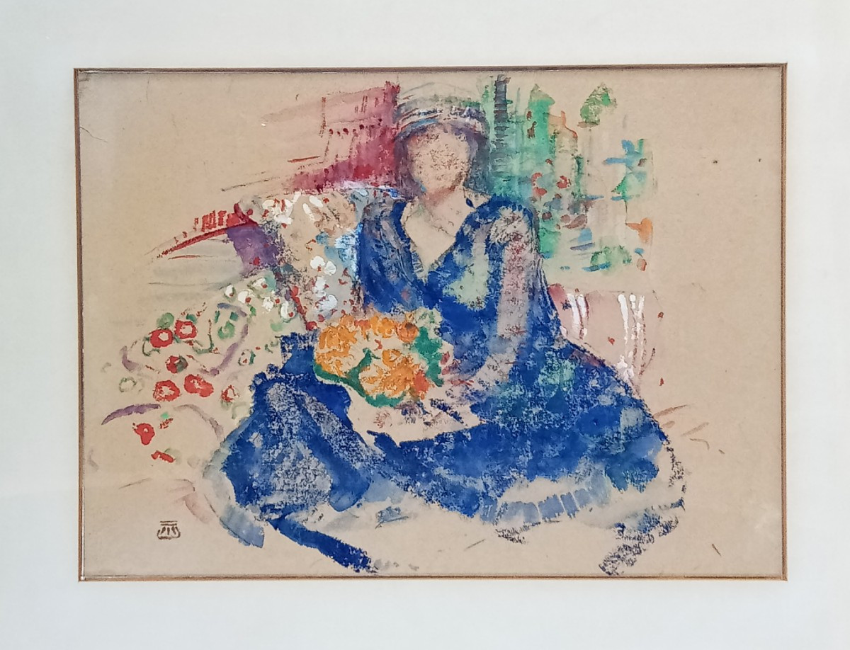 Femme En Bleu Au Bouquet, Marcel Jefferys, Impressionniste Belge, Gouache Sur Papier Fin Du 19e