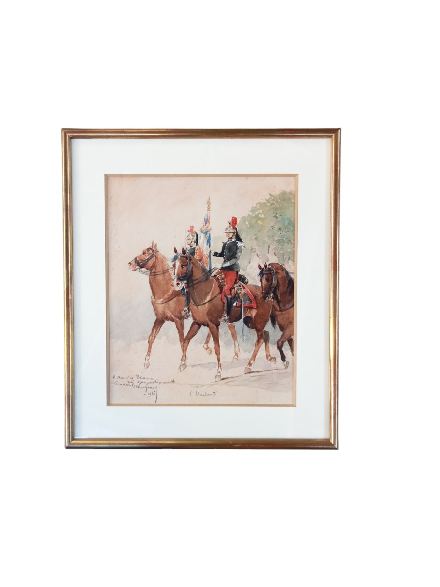 "the Standard" Of The Mounted Dragoon Regiment, Beaugrand 20th Century Military Drawing Dated 1936-photo-2