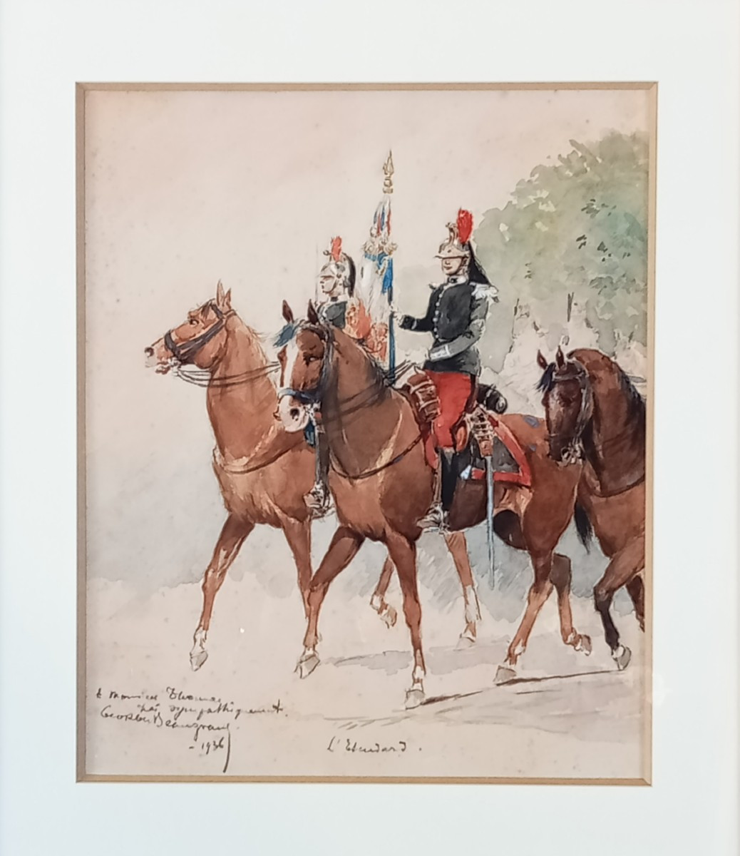 "l'étendard" Régiment De Dragons à Cheval, Dessin Militaire Beaugrand 20e Daté 1936