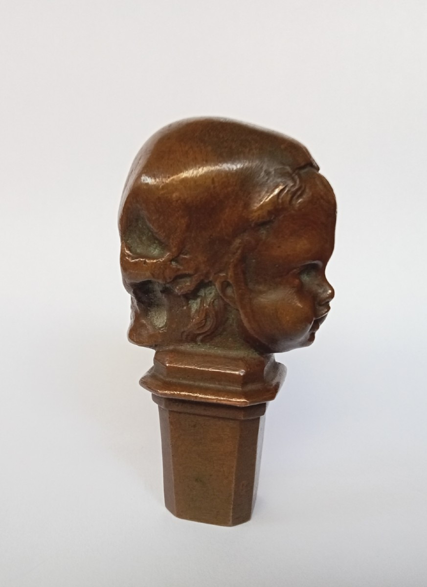 Bronze Seal Stamp "memento Mori", Vanitas With Skull And Child, 19th, 1895, Signed -photo-3