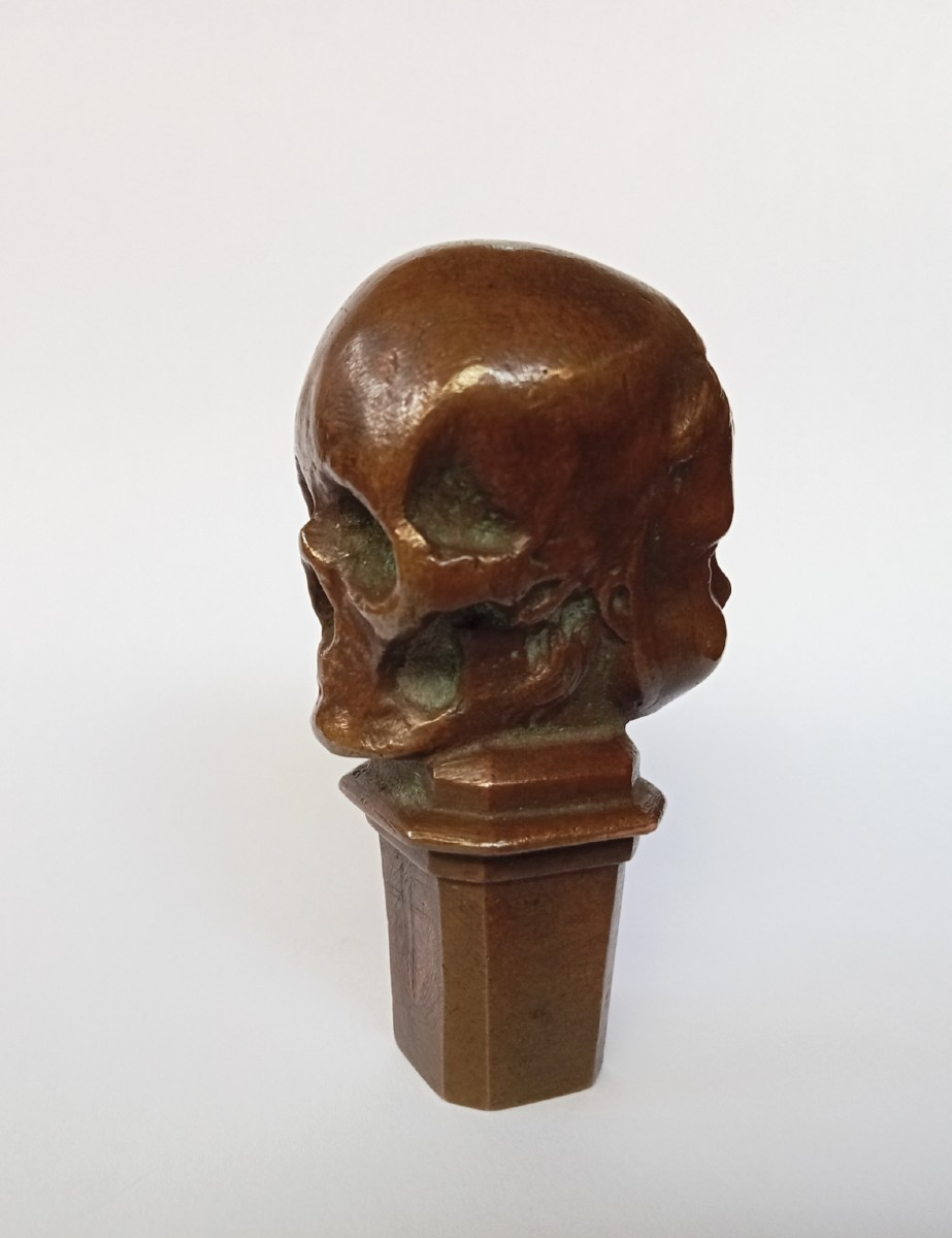 Bronze Seal Stamp "memento Mori", Vanitas With Skull And Child, 19th, 1895, Signed -photo-4