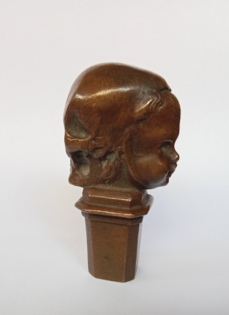 Bronze Seal Stamp "memento Mori", Vanitas With Skull And Child, 19th, 1895, Signed -photo-1