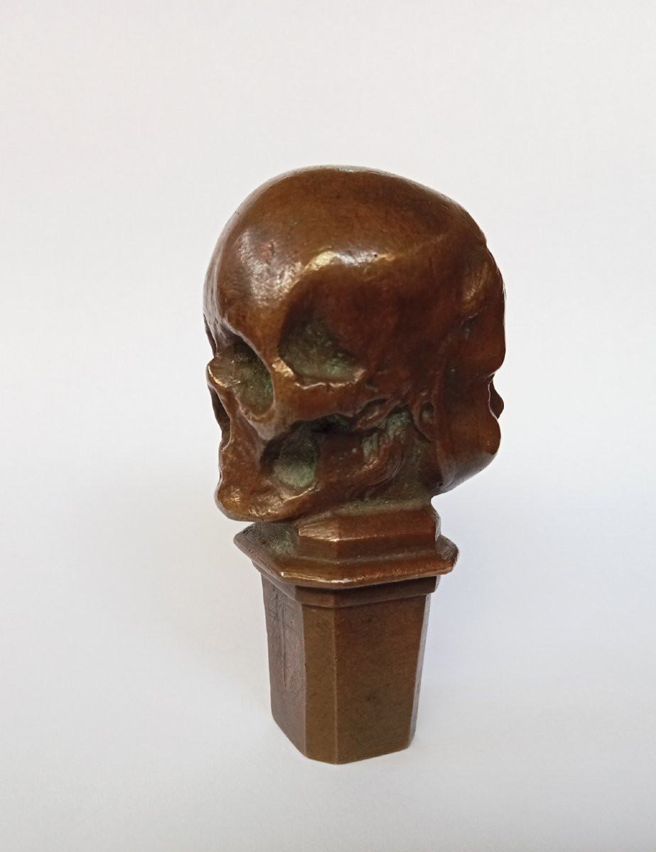 Bronze Seal Stamp "memento Mori", Vanitas With Skull And Child, 19th, 1895, Signed -photo-2