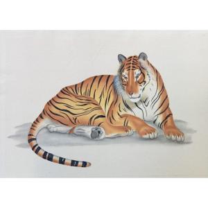 Aquarelle Tigre Couché, Signée La Roche Laffitte, Sur Soie, 20e Siècle