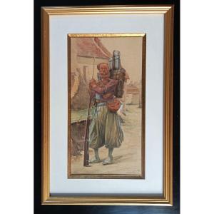 Soldat d'Un Régiment De Zouaves Du Second Empire, Napoléon III Aquarelle Signée Marius Roy 19e