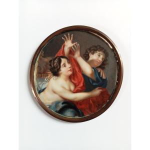 Peinture Miniature, Joseph Et La Femme De Potiphar, Signée Kobylanski, Datée 1842, XIXe 