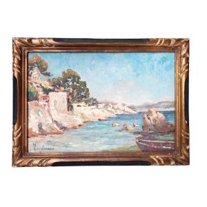 Mediterranean Coast Painting Signed Hélène Lacouloumere (1873-1960)