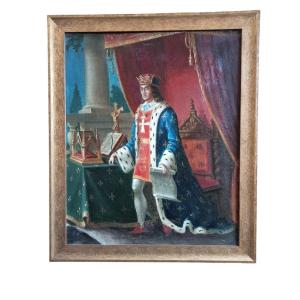 Painting Portrait Of King Saint Louis Crown Of Thorns Of Christ And Plan Sainte Chapelle 