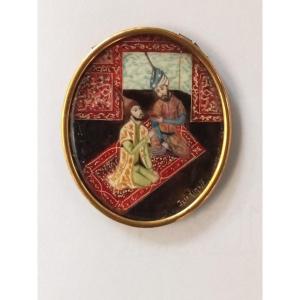 Peinture Miniature Signée Prince Iziedinoff, Scène De La Cour Perse, école Russe, 20e Siecle