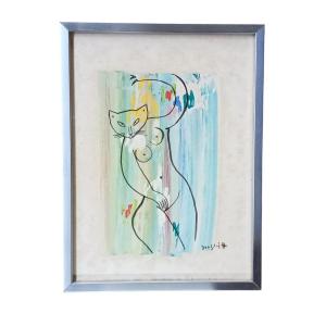 Naked Cat, Gouache On Paper Signed Dan Solojoff (1908 - 1994)