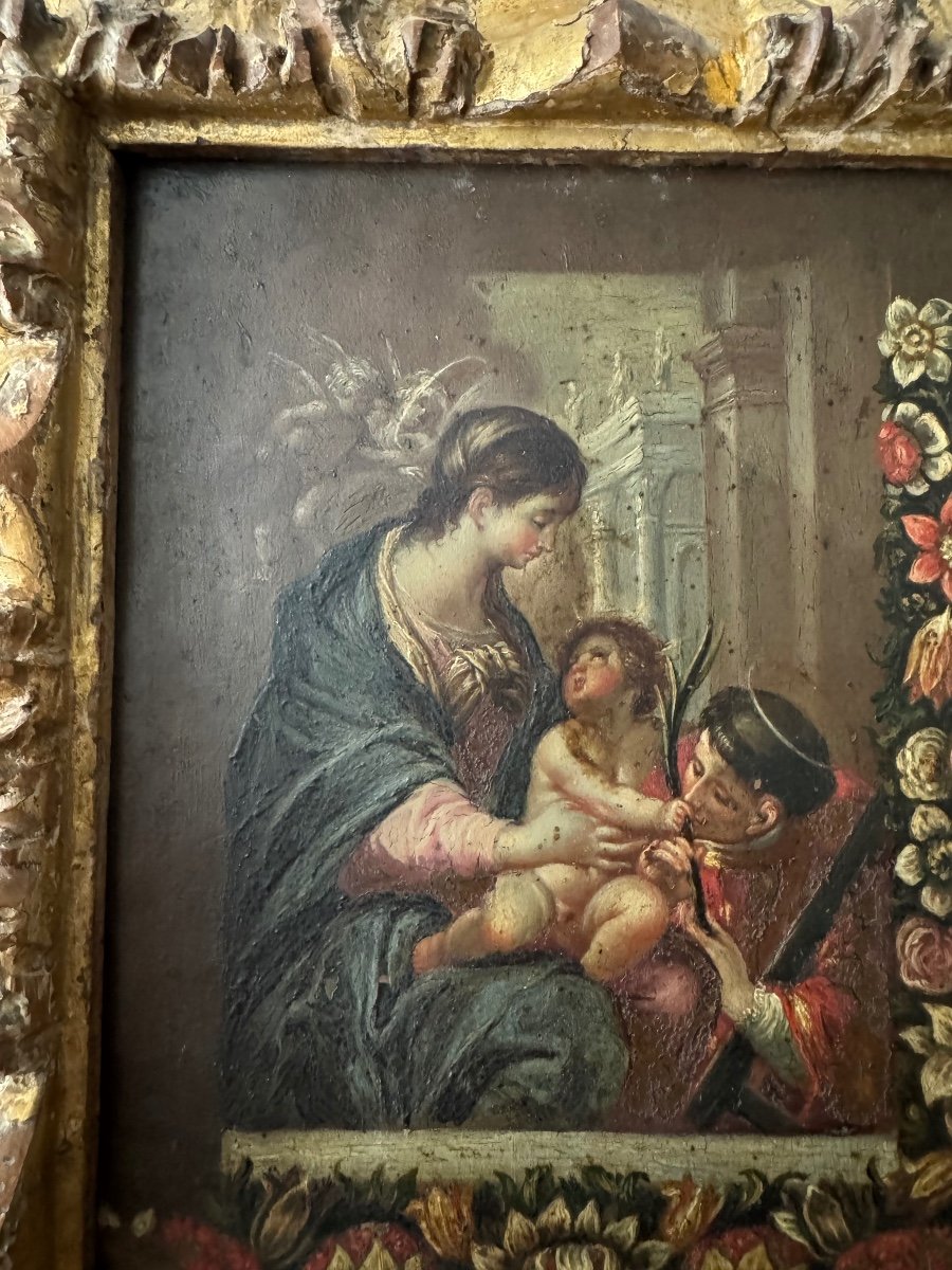 Peinture sur cuivre du XVIe siècle. représentant la Vierge à l'Enfant et San Lorenzo-photo-3