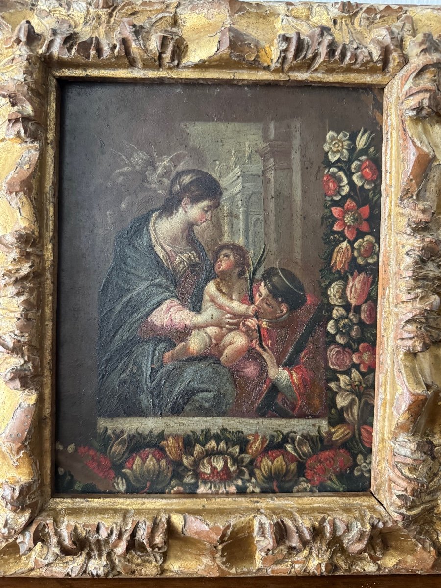 Peinture sur cuivre du XVIe siècle. représentant la Vierge à l'Enfant et San Lorenzo-photo-1