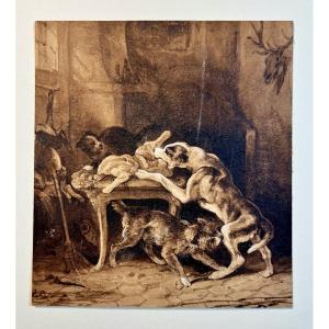 (attribué à) Alexandre-Gabriel Decamps 1803-1860 Chiens et chat dans le garde-manger