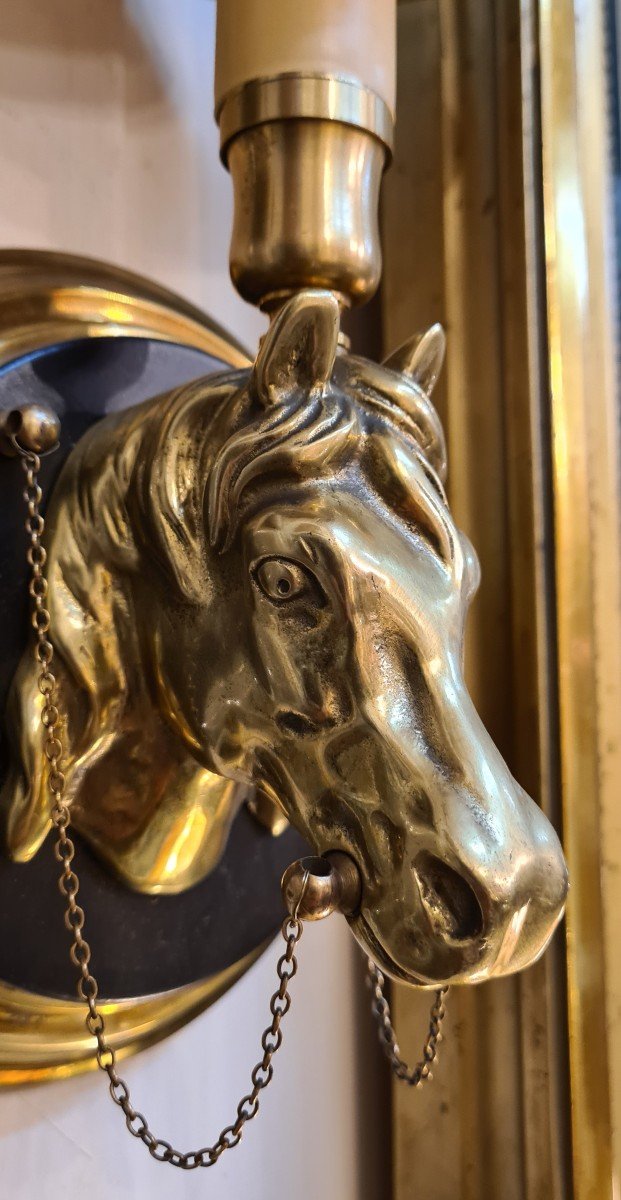 Pair Of Vintage Horse Head Wall Sconces Maison Lancel Charles Jansen Bronze -photo-6