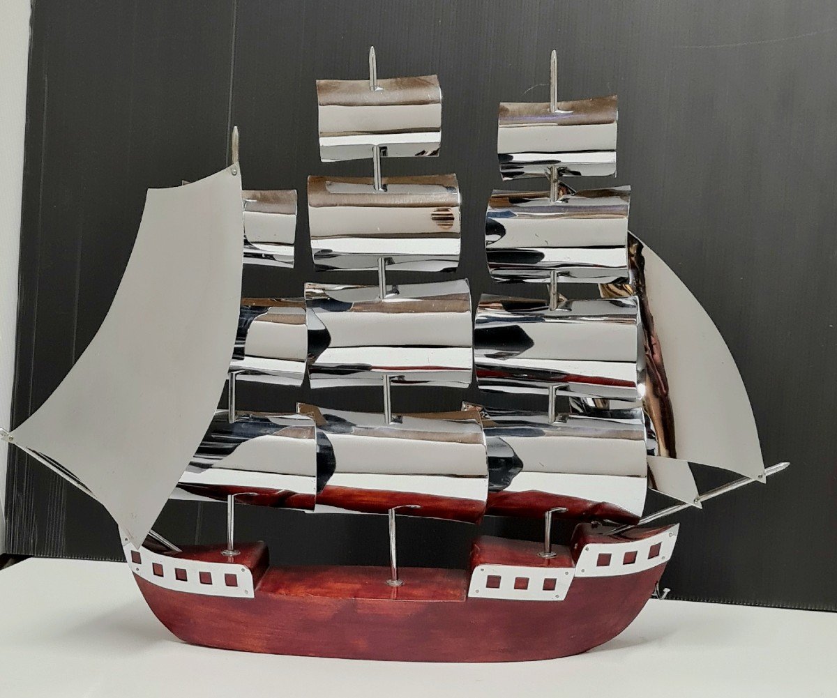 Modèle Réduit Vintage d'Un Voilier Maquette De Bateau Design Bois Et Métal Circa 1950-photo-2