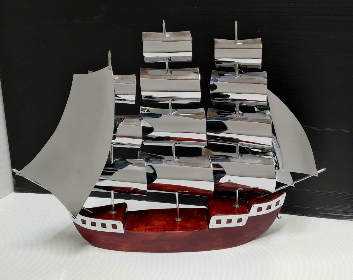 Modèle Réduit Vintage d'Un Voilier Maquette De Bateau Design Bois Et Métal Circa 1950-photo-7