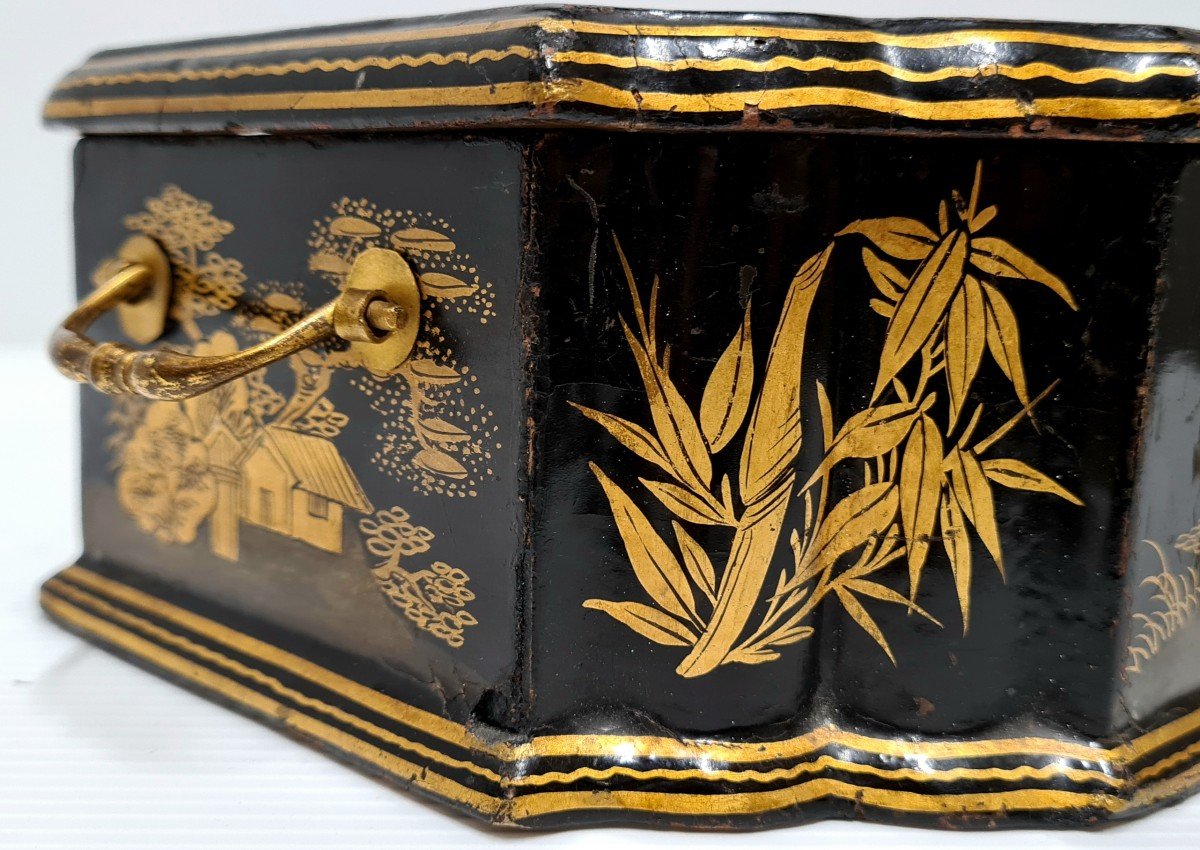 Chinese Lacquer Box Box 18th Louis XV Period Golden Landscape Decor -photo-3