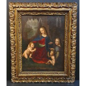 The Virgin Of The Rocks After Leonardo Da Vinci Painting XIXth Golden Frame.