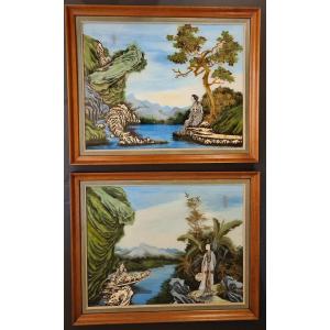 Large Painting And Mother-of-pearl Painting Fixed Under Glass China Circa 1900 In Pair