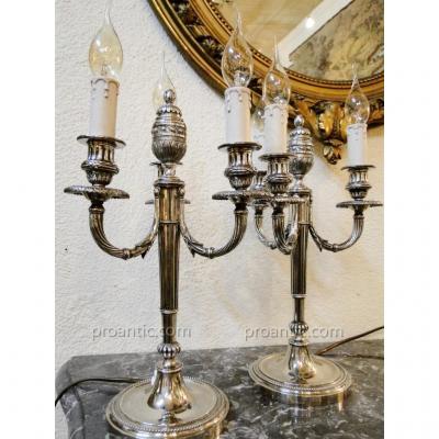 Paire De Lampes Chandeliers Metal Argente Style Louis XVI