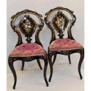 Pair Of Gondola Chairs Napoleon III Paper Mache And Mother Of Pearl XIXth