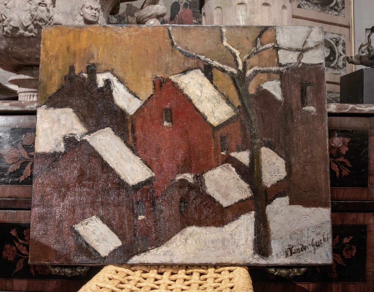 Huile Sur Toile "hameau Sous La Neige"-photo-4