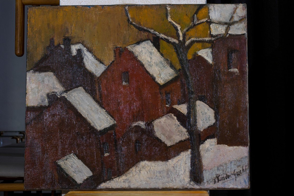 Huile Sur Toile "hameau Sous La Neige"