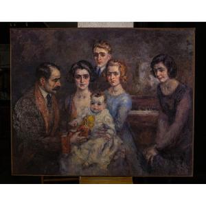 Peinture "famille Bourgeoise Au Nouveau Né"