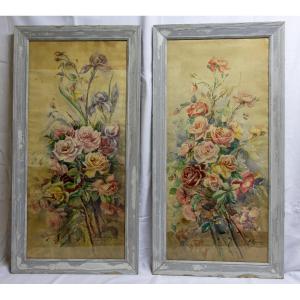 Pair Of Watercolors With Floral Decor By Marguerite Nozeran