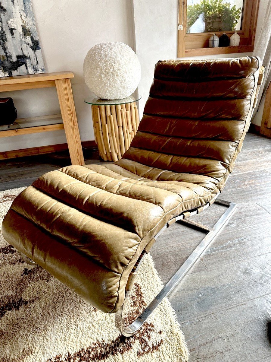 Pair Of Lounge Chairs, Michel Boyer? Chromed Metal, Tawny Brown Leather Seat, 1980s-photo-2