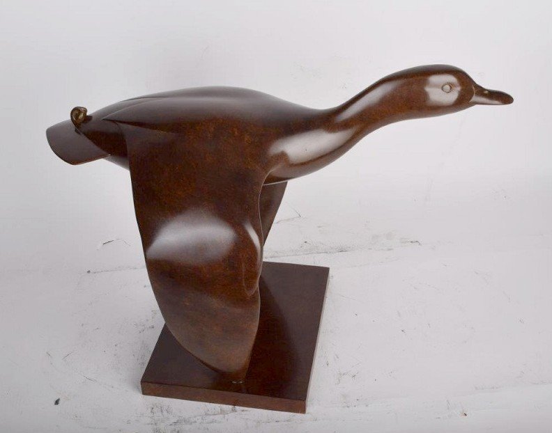 Original Bronze By Yvan Larsen (1924 - 2021) "green-necked Duck In Flight" -photo-2