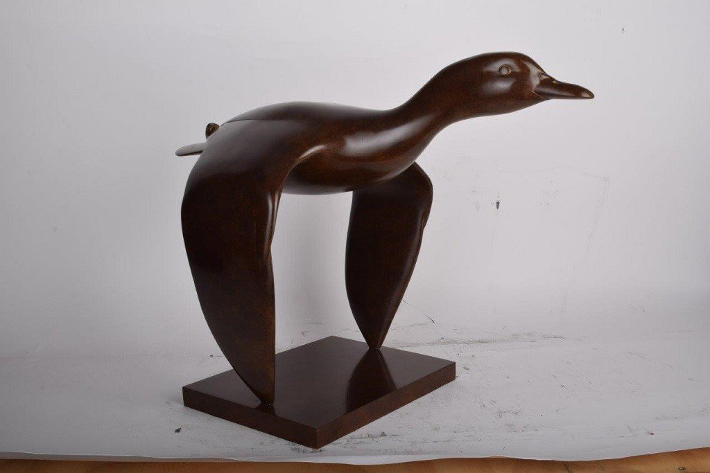 Original Bronze By Yvan Larsen (1924 - 2021) "green-necked Duck In Flight" 