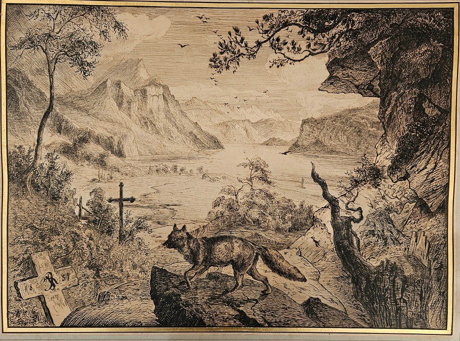 Pen Drawing, Wolf In The Mountains In Front Of A Lake, Dated 1857, Monogram? 