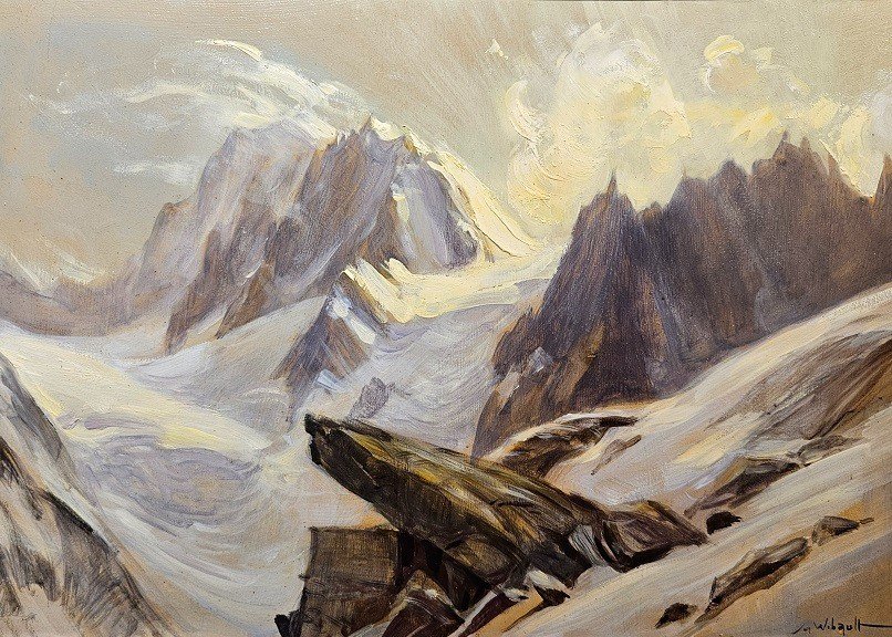 Huile Sur Isorel Par Marcel Wibault , " Le Mont Blanc Depuis Le Refuge Du Couvercle "  