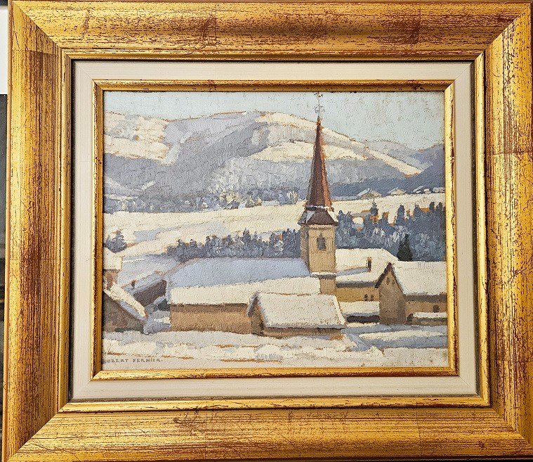 Robert Fernier, Winter Landscape Jura, Oil On Panel 22 X 27 -photo-2