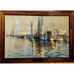 Gilbert Galland ( 1870 - 1956 ) Aquarelle  Le Port De Marseille