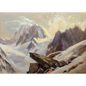 Huile Sur Isorel Par Marcel Wibault , " Le Mont Blanc Depuis Le Refuge Du Couvercle "  