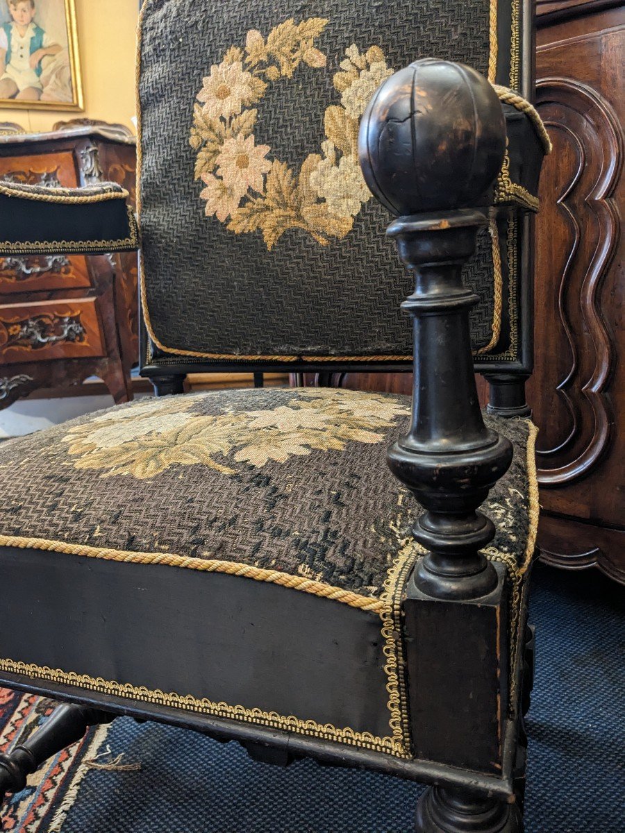 Pair Of Louis XIII Style Armchairs In Blackened Wood, Napoleon III Period.-photo-3