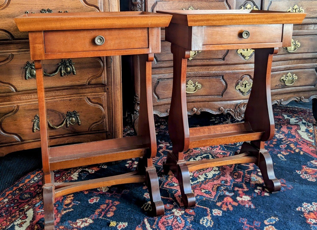 Pair Of Directoire Style Nightstands In Mahogany.