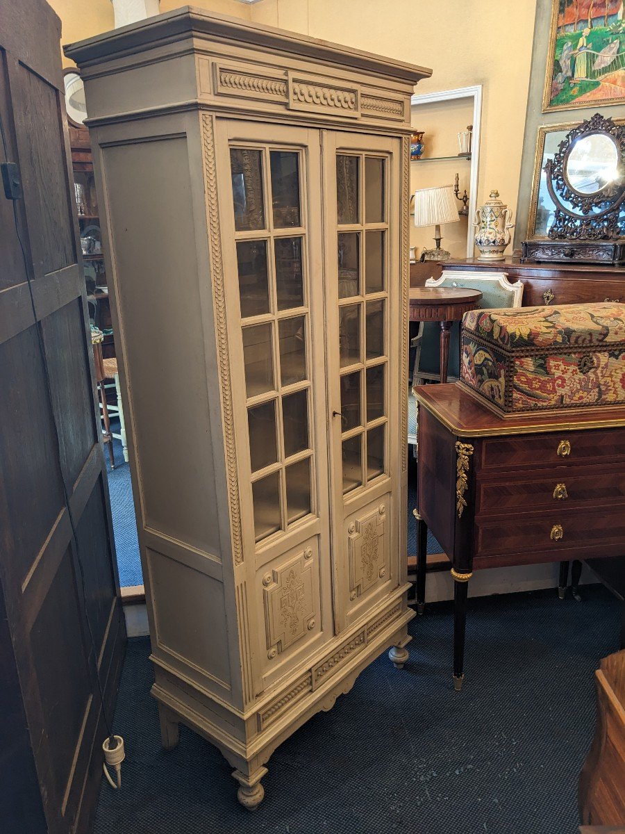 Petite Vitrine Ou Bibliothèque De Style Louis XVI En Bois Peint Fin XIXème .-photo-2