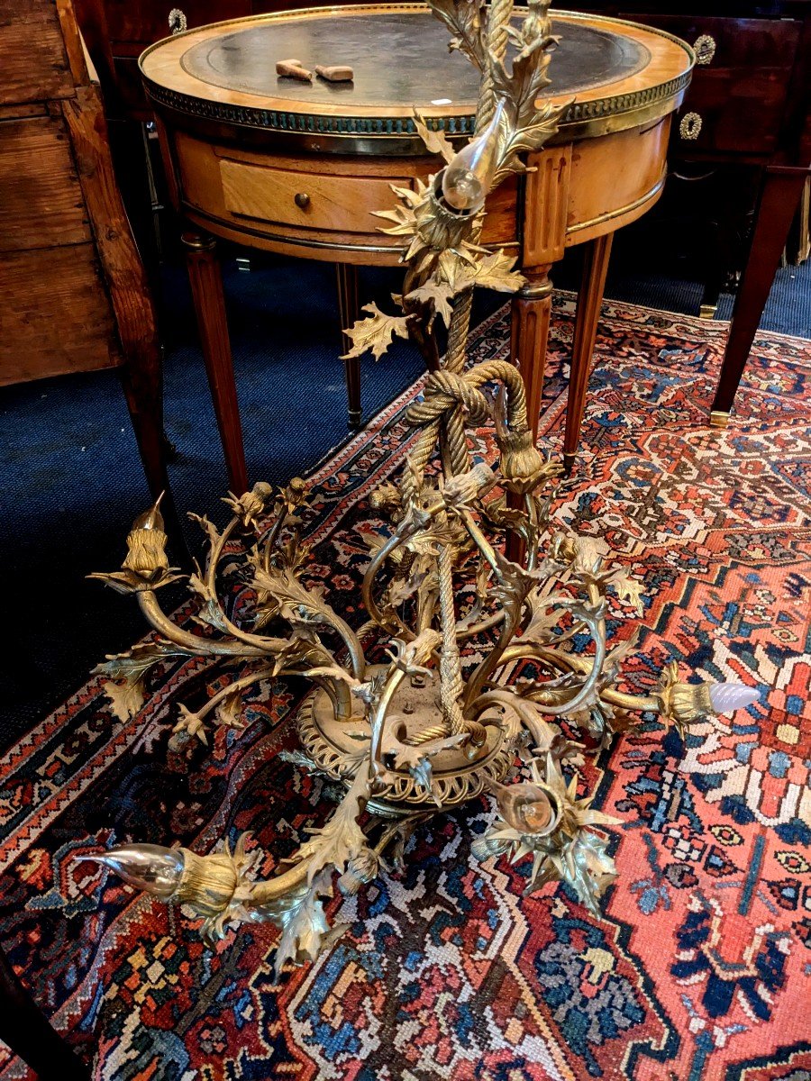 Large Art Nouveau Gilt Bronze Chandelier, Thistle Model. Height: 120 Cm-photo-2