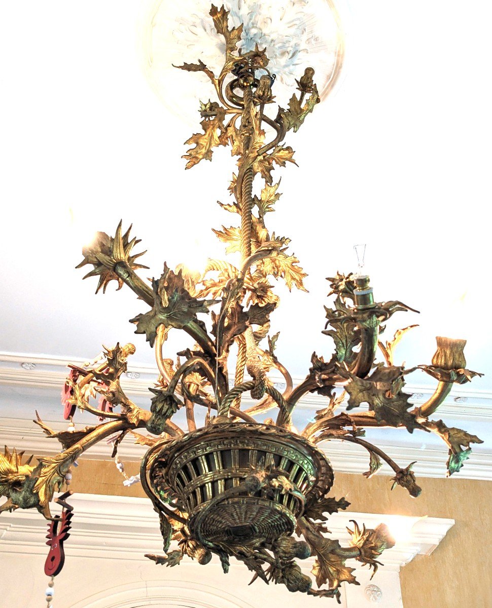 Large Art Nouveau Gilt Bronze Chandelier, Thistle Model. Height: 120 Cm-photo-3