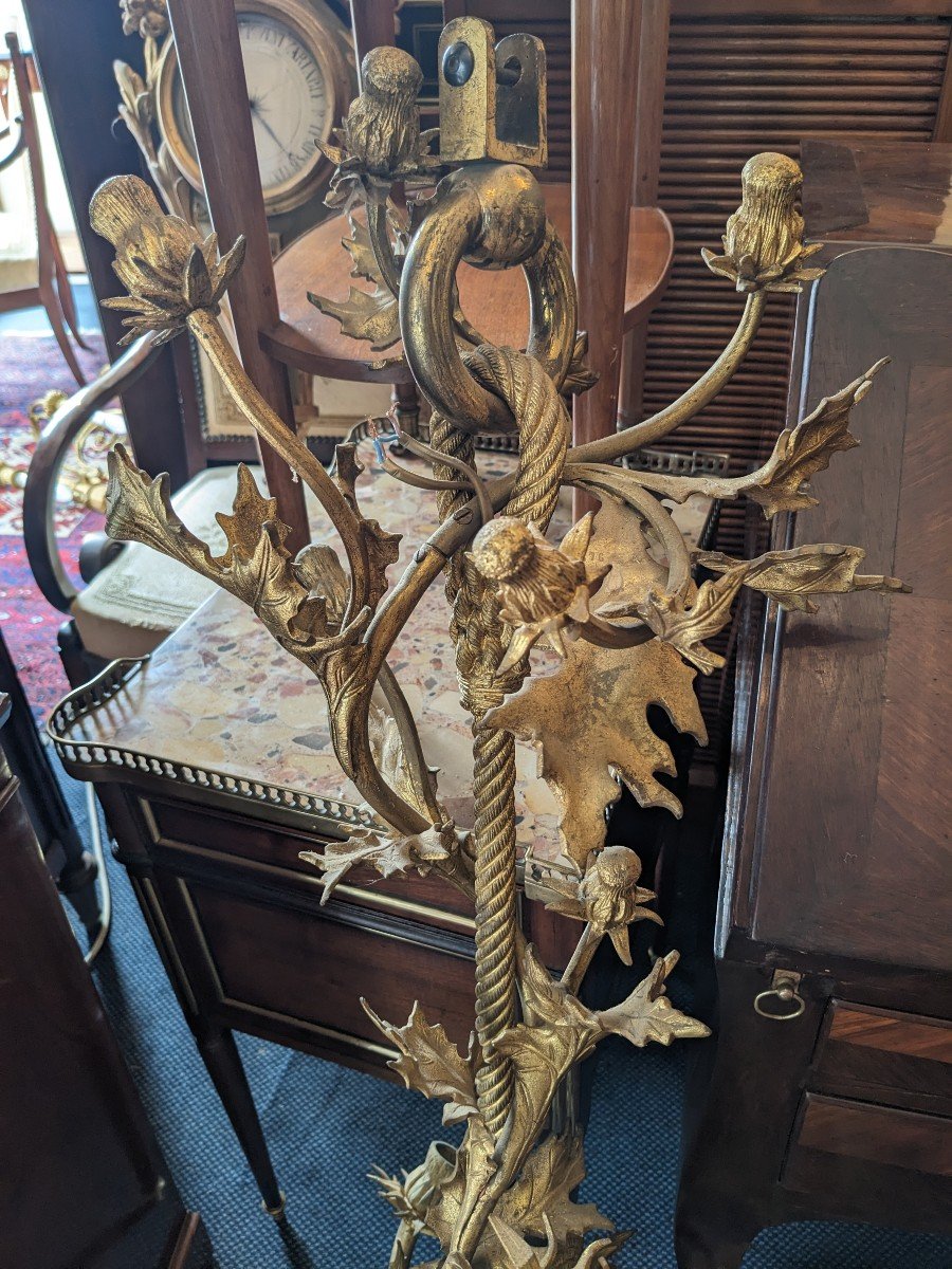 Large Art Nouveau Gilt Bronze Chandelier, Thistle Model. Height: 120 Cm-photo-1