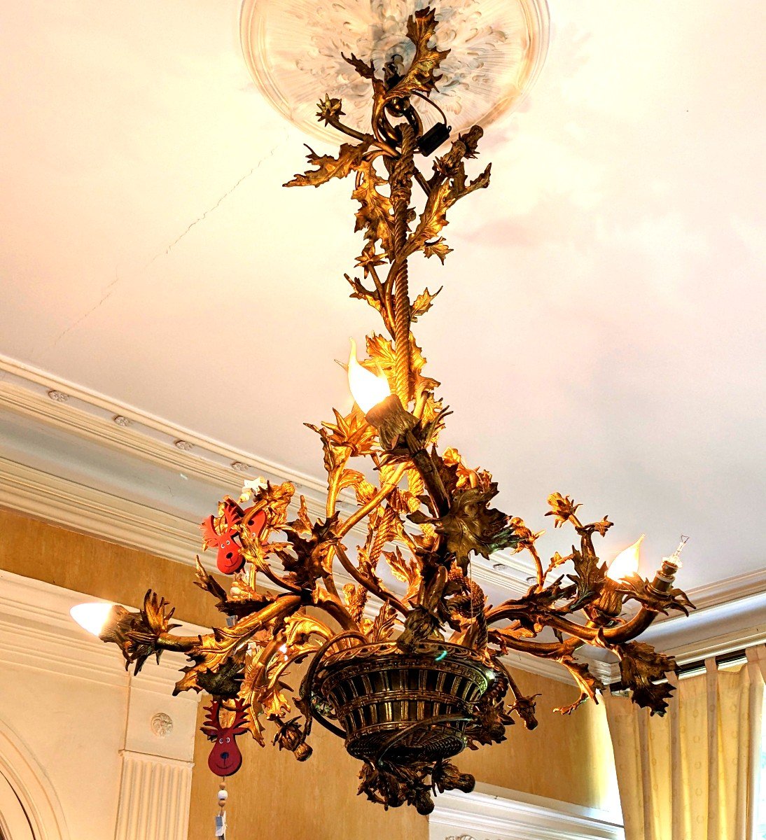 Large Art Nouveau Gilt Bronze Chandelier, Thistle Model. Height: 120 Cm