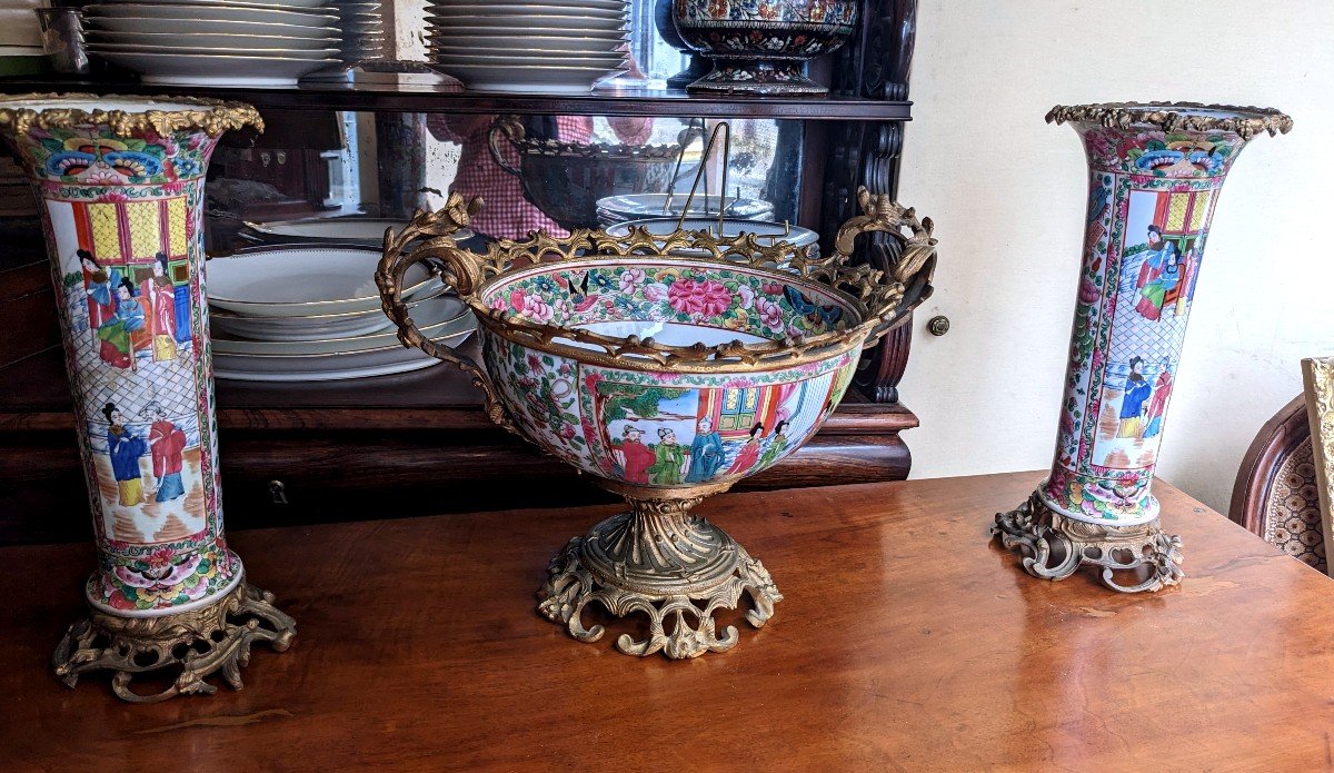 Set Of Mounted Porcelain Canton China 19th Century Cup And Cornets Vase.